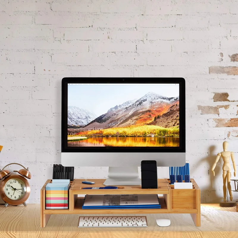 axisgo - Relaxdays Monitorständer, Bildschirmständer aus Bambus, 14 Fächer, ergonomischer Monitorerhöher, HBT 15x65x28 cm, natur, Braun
