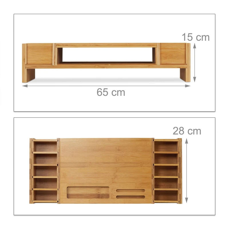 axisgo - Relaxdays Monitorständer, Bildschirmständer aus Bambus, 14 Fächer, ergonomischer Monitorerhöher, HBT 15x65x28 cm, natur, Braun
