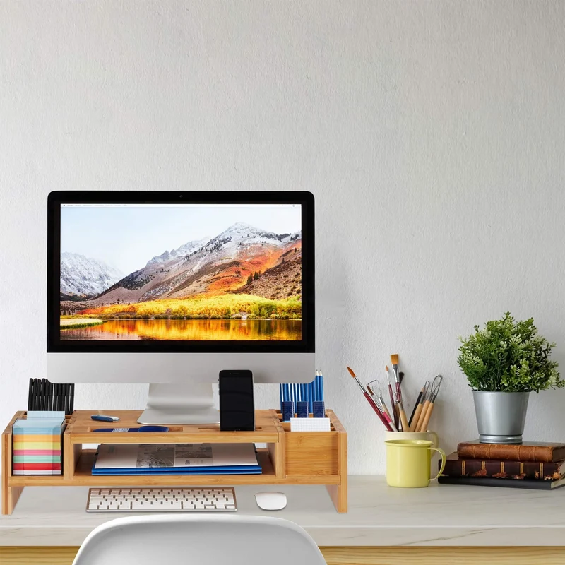 axisgo - Relaxdays Monitorständer, Bildschirmständer aus Bambus, 14 Fächer, ergonomischer Monitorerhöher, HBT 15x65x28 cm, natur, Braun