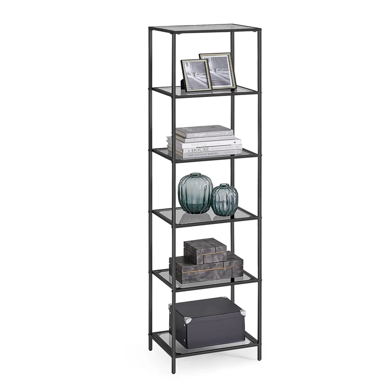axisgo - VASAGLE Badregal mit 6 Ablagen, gehärtetes Glas, einfache Montage für Badezimmer, Wohnzimmer, Küche, Büro, Schiefergrau, Schwarze Tinte LGT500G01