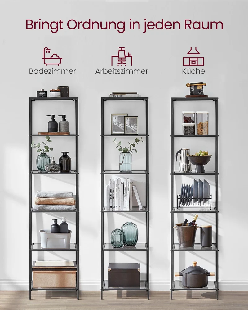 axisgo - VASAGLE Badregal mit 6 Ablagen, gehärtetes Glas, einfache Montage für Badezimmer, Wohnzimmer, Küche, Büro, Schiefergrau, Schwarze Tinte LGT500G01