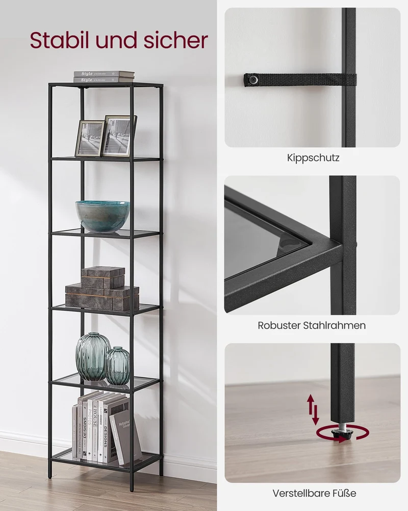 axisgo - VASAGLE Badregal mit 6 Ablagen, gehärtetes Glas, einfache Montage für Badezimmer, Wohnzimmer, Küche, Büro, Schiefergrau, Schwarze Tinte LGT500G01