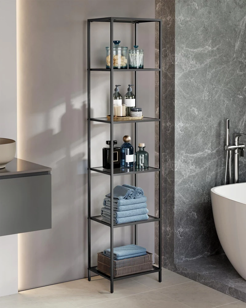 axisgo - VASAGLE Badregal mit 6 Ablagen, gehärtetes Glas, einfache Montage für Badezimmer, Wohnzimmer, Küche, Büro, Schiefergrau, Schwarze Tinte LGT500G01