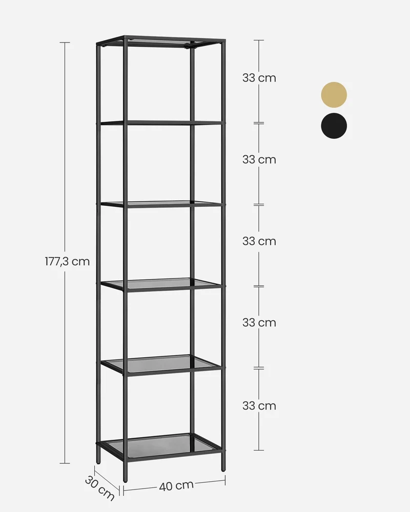 axisgo - VASAGLE Badregal mit 6 Ablagen, gehärtetes Glas, einfache Montage für Badezimmer, Wohnzimmer, Küche, Büro, Schiefergrau, Schwarze Tinte LGT500G01
