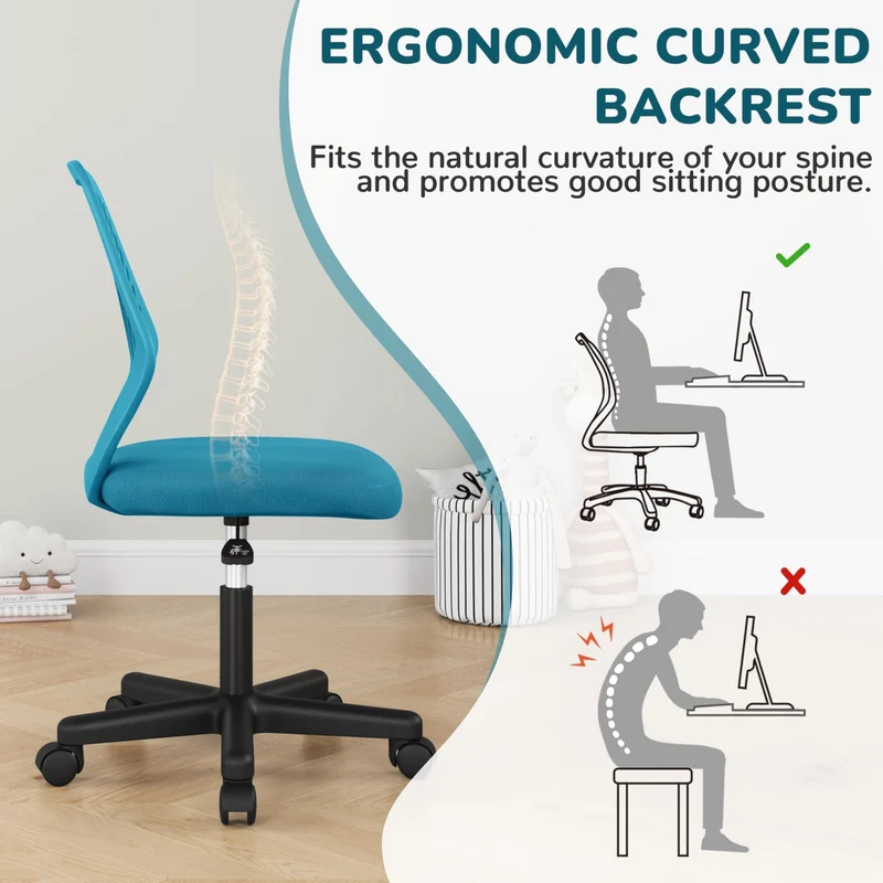 axisgo - Yaheetech ergonomisch Schreibtischstuhl Bürostuhl ohne Armlehnen Drehstuhl mit Rücklehne Arbeitsstuhl höhenverstellbar 136 kg belastbar 50 x 55 x 79-92 cm Türkis