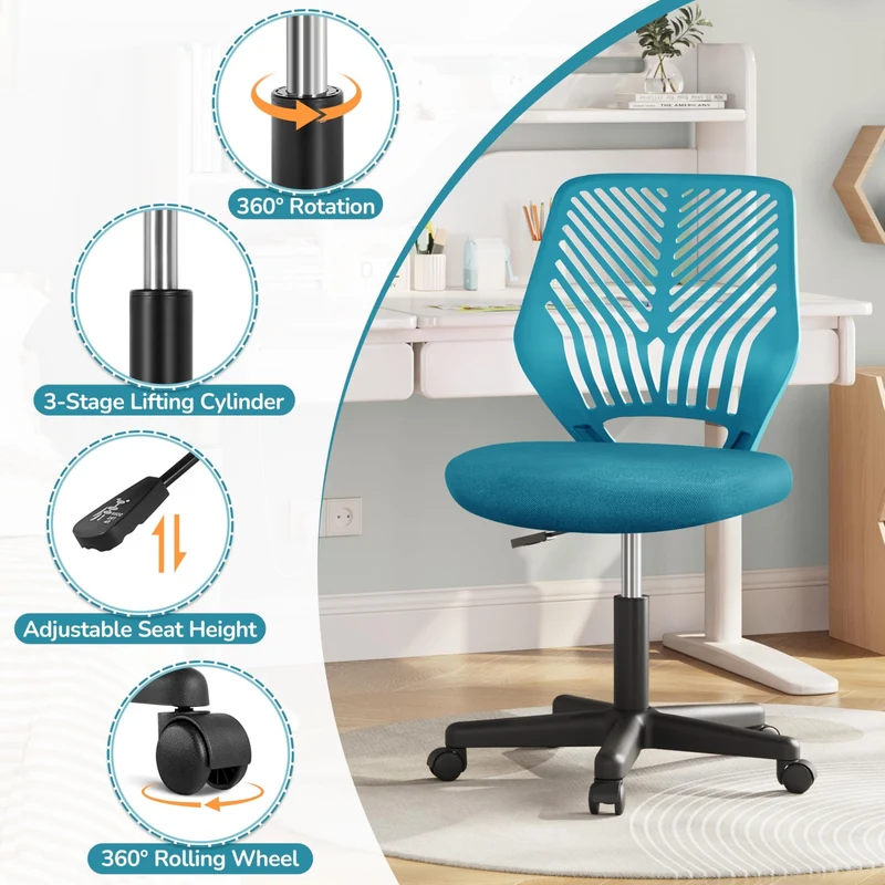 axisgo - Yaheetech ergonomisch Schreibtischstuhl Bürostuhl ohne Armlehnen Drehstuhl mit Rücklehne Arbeitsstuhl höhenverstellbar 136 kg belastbar 50 x 55 x 79-92 cm Türkis