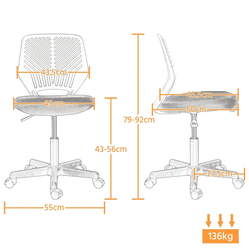 axisgo - Yaheetech ergonomisch Schreibtischstuhl Bürostuhl ohne Armlehnen Drehstuhl mit Rücklehne Arbeitsstuhl höhenverstellbar 136 kg belastbar 50 x 55 x 79-92 cm Türkis