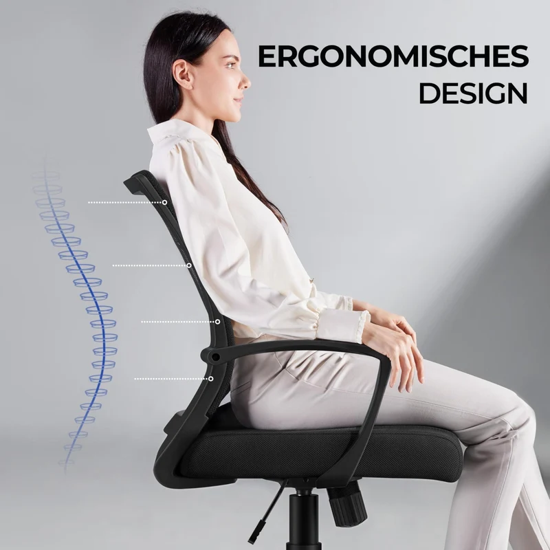 axisgo - Yaheetech Bürostuhl Ergonomisch, Schreibtischstuhl mit Netzbespannung, Arbeitsstuhl mit Armlehnen, Chefsessel aus Mesh, höhenverstellbarer Computerstuhl 136 kg, atmungsaktiv, Wippfunktion Schwarz