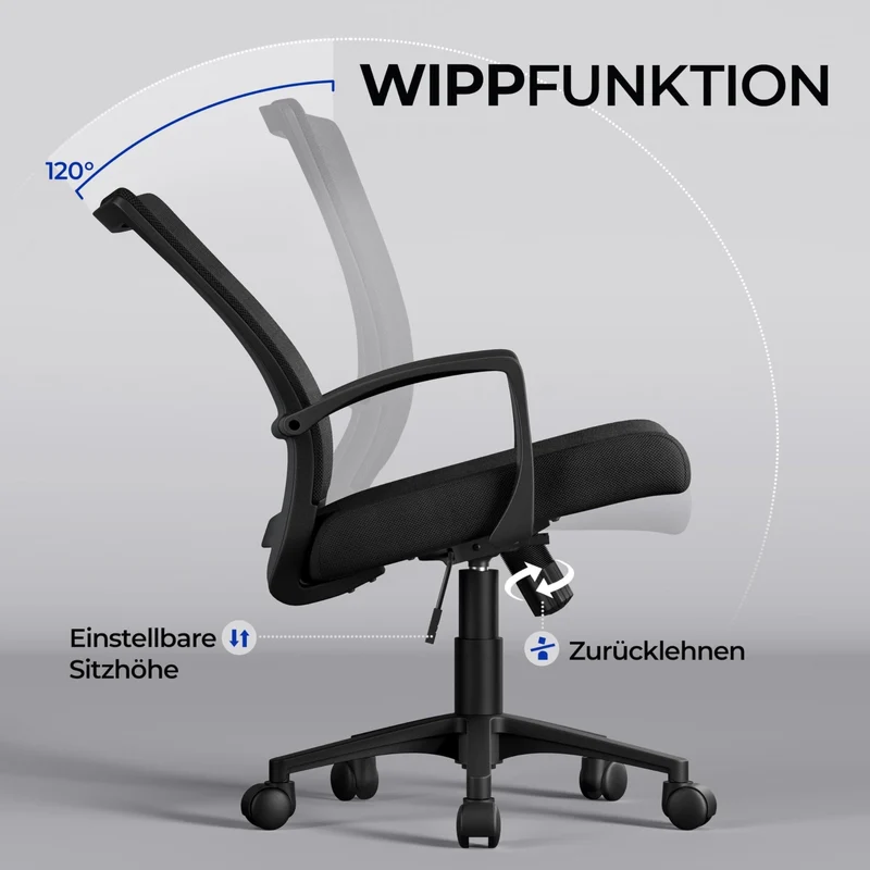 axisgo - Yaheetech Bürostuhl Ergonomisch, Schreibtischstuhl mit Netzbespannung, Arbeitsstuhl mit Armlehnen, Chefsessel aus Mesh, höhenverstellbarer Computerstuhl 136 kg, atmungsaktiv, Wippfunktion Schwarz