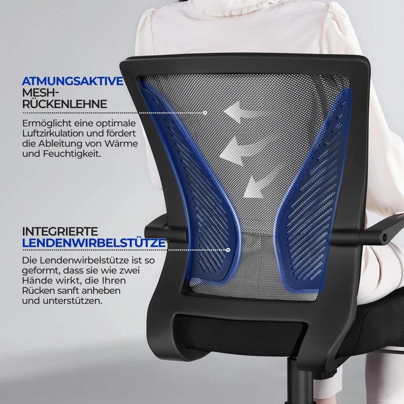 axisgo - Yaheetech Bürostuhl Ergonomisch, Schreibtischstuhl mit Netzbespannung, Arbeitsstuhl mit Armlehnen, Chefsessel aus Mesh, höhenverstellbarer Computerstuhl 136 kg, atmungsaktiv, Wippfunktion Schwarz