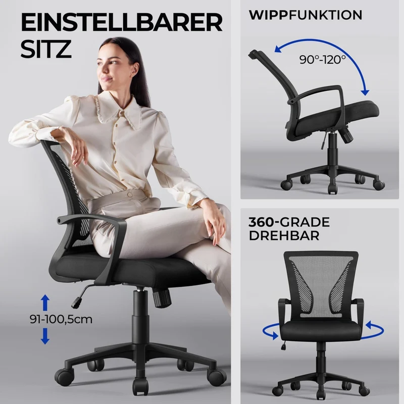 axisgo - Yaheetech Bürostuhl Ergonomisch, Schreibtischstuhl mit Netzbespannung, Arbeitsstuhl mit Armlehnen, Chefsessel aus Mesh, höhenverstellbarer Computerstuhl 136 kg, atmungsaktiv, Wippfunktion Schwarz
