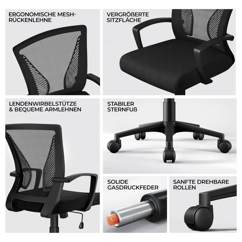 axisgo - Yaheetech Bürostuhl Ergonomisch, Schreibtischstuhl mit Netzbespannung, Arbeitsstuhl mit Armlehnen, Chefsessel aus Mesh, höhenverstellbarer Computerstuhl 136 kg, atmungsaktiv, Wippfunktion Schwarz