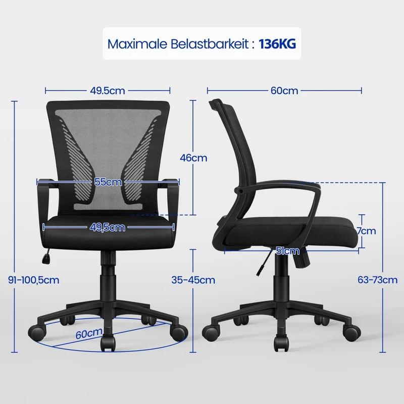 axisgo - Yaheetech Bürostuhl Ergonomisch, Schreibtischstuhl mit Netzbespannung, Arbeitsstuhl mit Armlehnen, Chefsessel aus Mesh, höhenverstellbarer Computerstuhl 136 kg, atmungsaktiv, Wippfunktion Schwarz