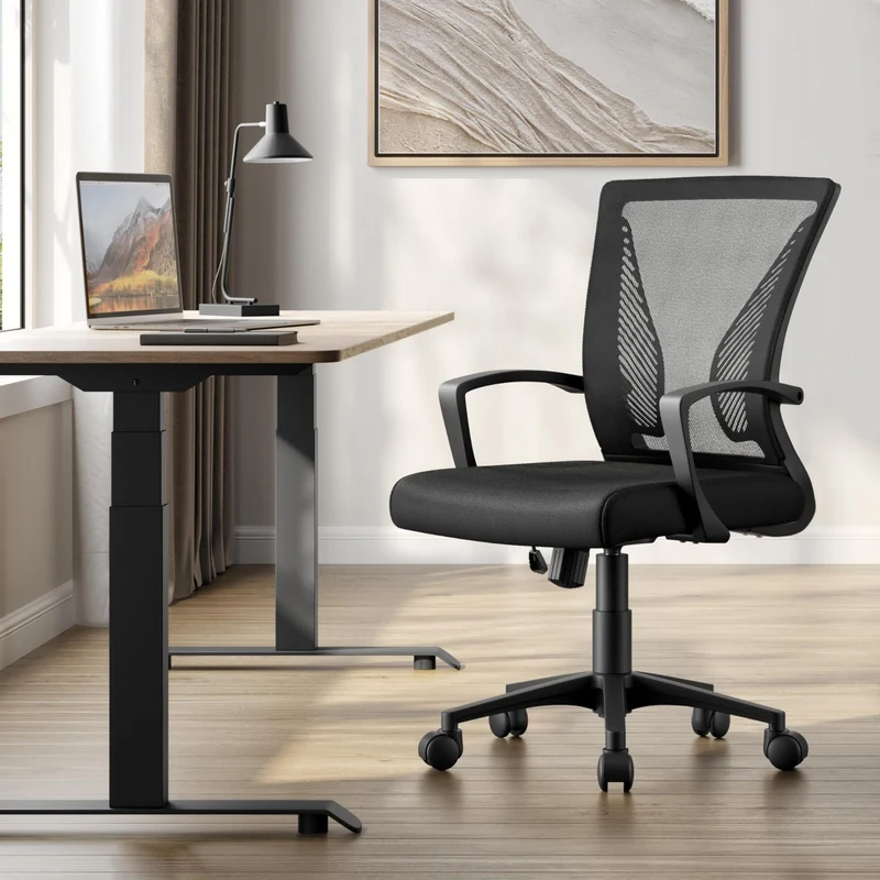 axisgo - Yaheetech Bürostuhl Ergonomisch, Schreibtischstuhl mit Netzbespannung, Arbeitsstuhl mit Armlehnen, Chefsessel aus Mesh, höhenverstellbarer Computerstuhl 136 kg, atmungsaktiv, Wippfunktion Schwarz