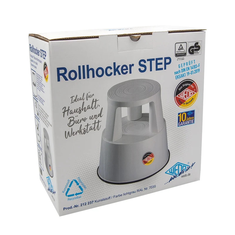 axisgo - WEDO Rollhocker STEP aus bruchfestem Kunststoff - rollbarer Elefantenfuß Tritthocker, TÜV GS-geprüft, Made in Germany, rutschfest - Höhe ca. 43 cm, Tragkraft 150 kg, Farbe Lichtgrau