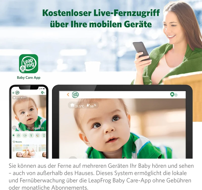 LeapFrog LF815HD smartes Video-Babyphone mit 5-Zoll HD-Farbdisplay, WLAN, Temperatur/Feuchtigkeitsse