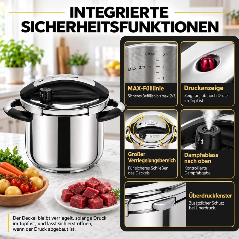 MICHELANGELO Edelstahl-Schnellkochtopf 6 Liter, für Induktion | 3-in-1 Schnellkochtopf, Reiskocher &