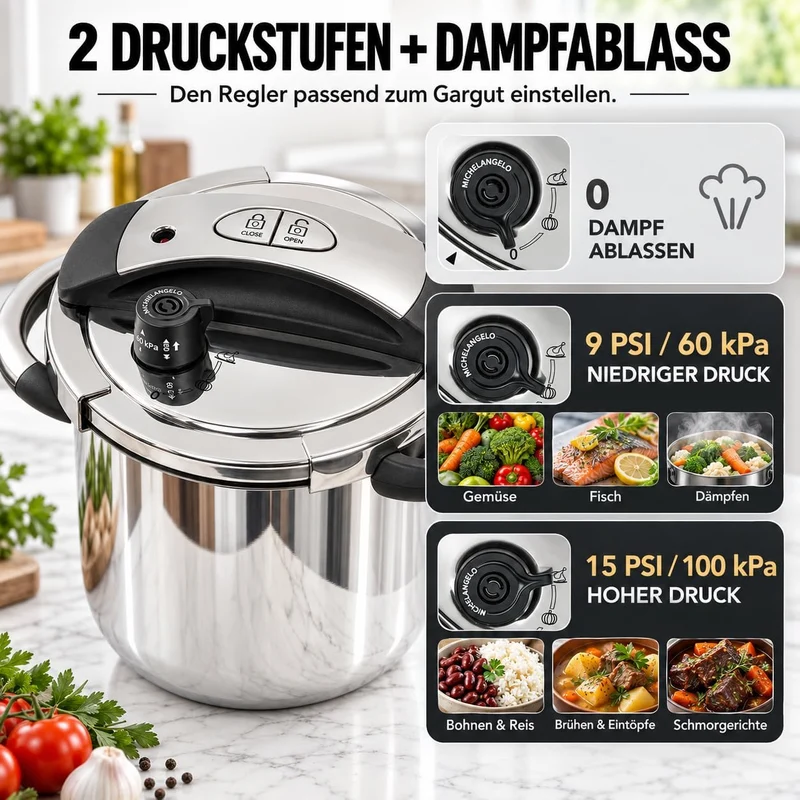 MICHELANGELO Edelstahl-Schnellkochtopf 6 Liter, für Induktion | 3-in-1 Schnellkochtopf, Reiskocher &