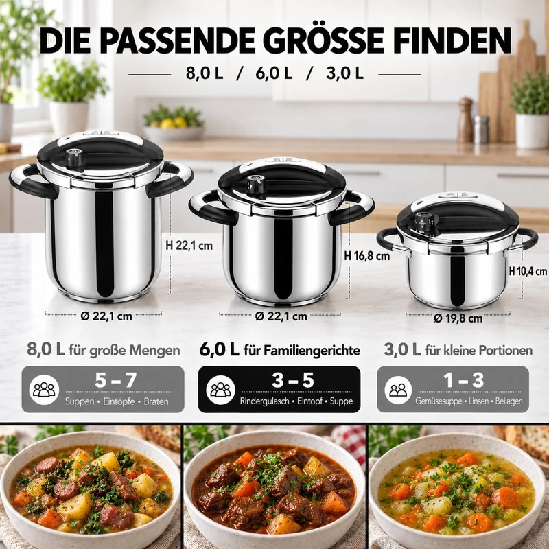 MICHELANGELO Edelstahl-Schnellkochtopf 6 Liter, für Induktion | 3-in-1 Schnellkochtopf, Reiskocher &