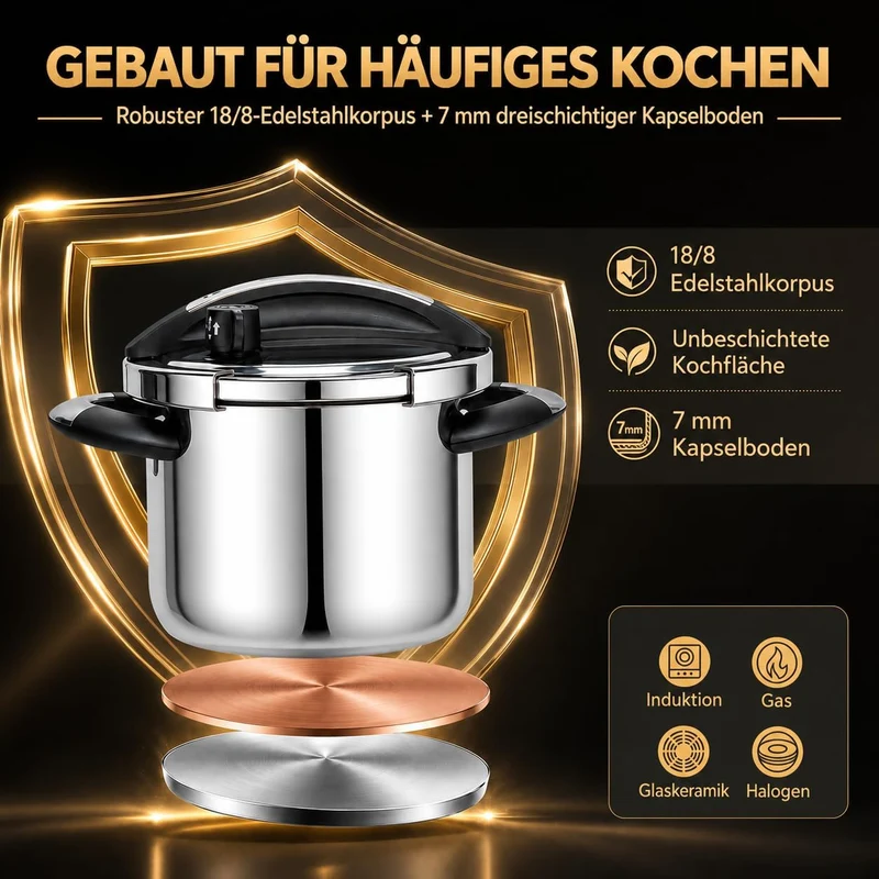 MICHELANGELO Edelstahl-Schnellkochtopf 6 Liter, für Induktion | 3-in-1 Schnellkochtopf, Reiskocher &