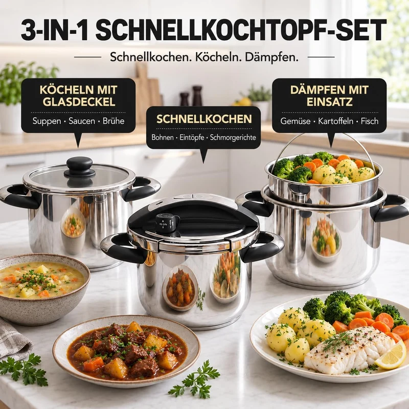MICHELANGELO Edelstahl-Schnellkochtopf 6 Liter, für Induktion | 3-in-1 Schnellkochtopf, Reiskocher &