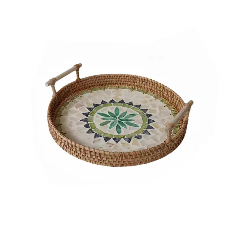 Rattan Serviertablett mit Griffen, Handgewebtes Wicker-Tablett Dekotablett Rund Aufbewahrungsplatten