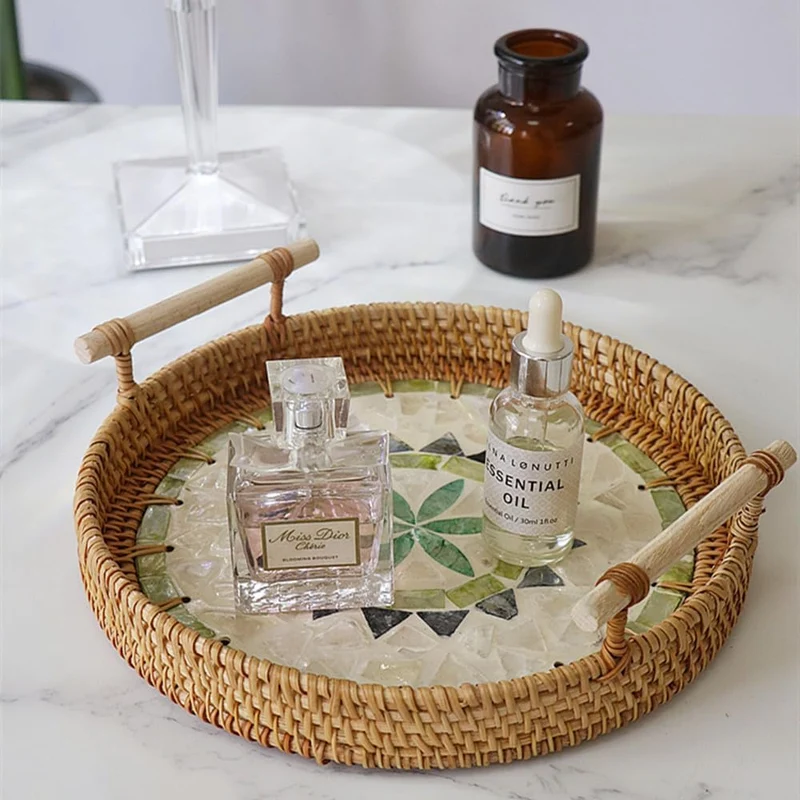 Rattan Serviertablett mit Griffen, Handgewebtes Wicker-Tablett Dekotablett Rund Aufbewahrungsplatten