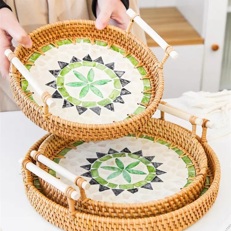Rattan Serviertablett mit Griffen, Handgewebtes Wicker-Tablett Dekotablett Rund Aufbewahrungsplatten