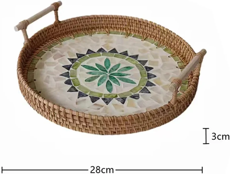 Rattan Serviertablett mit Griffen, Handgewebtes Wicker-Tablett Dekotablett Rund Aufbewahrungsplatten