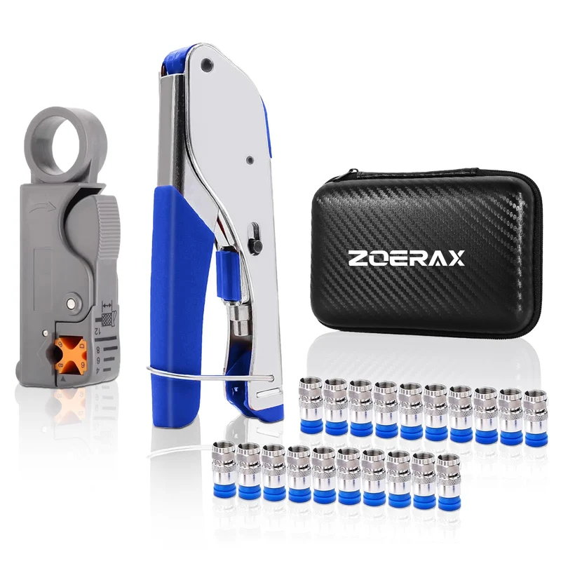 Koaxialkabel-Crimper-Set für RG59 RG6, 3-in-1-Koaxialwerkzeug-Set, inklusive Abisolierzange und 20 S