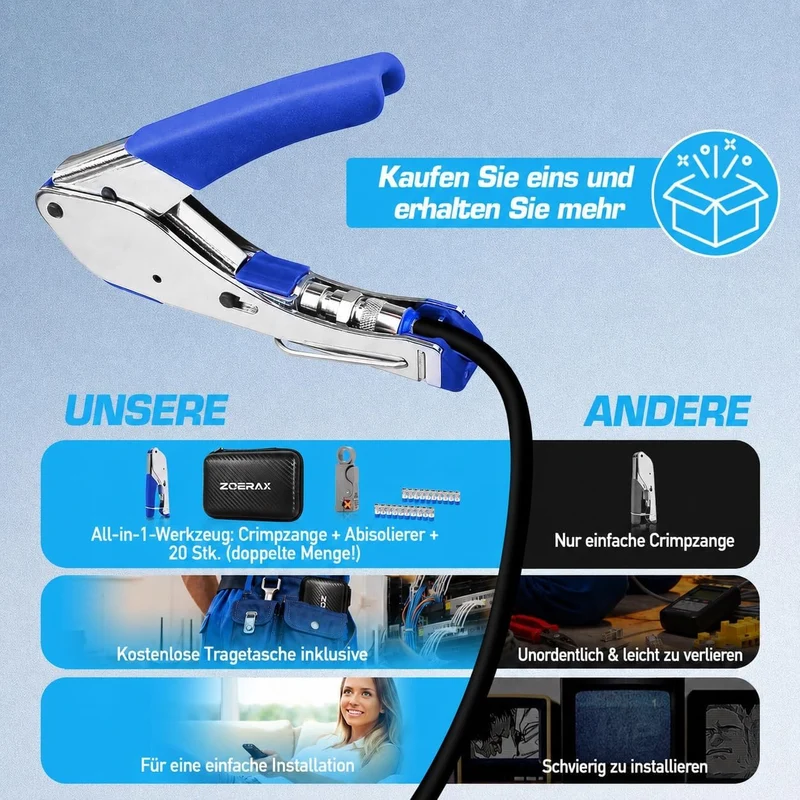 Koaxialkabel-Crimper-Set für RG59 RG6, 3-in-1-Koaxialwerkzeug-Set, inklusive Abisolierzange und 20 S
