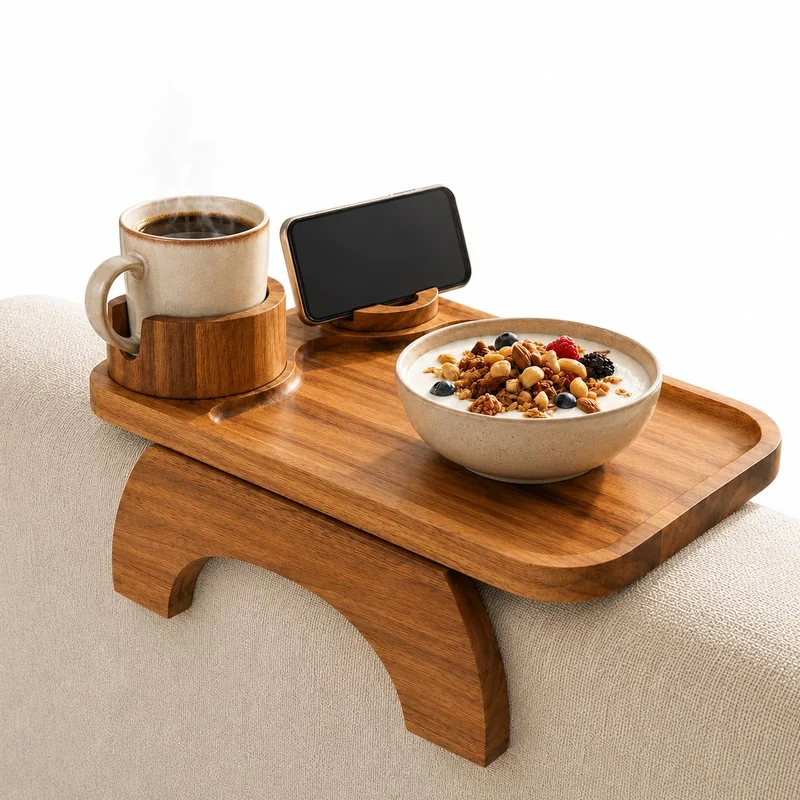 Sofa-Armlehnen-Tablett aus Akazienholz, rutschfest, flexibel