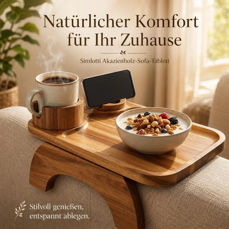 Sofa-Armlehnen-Tablett aus Akazienholz, rutschfest, flexibel