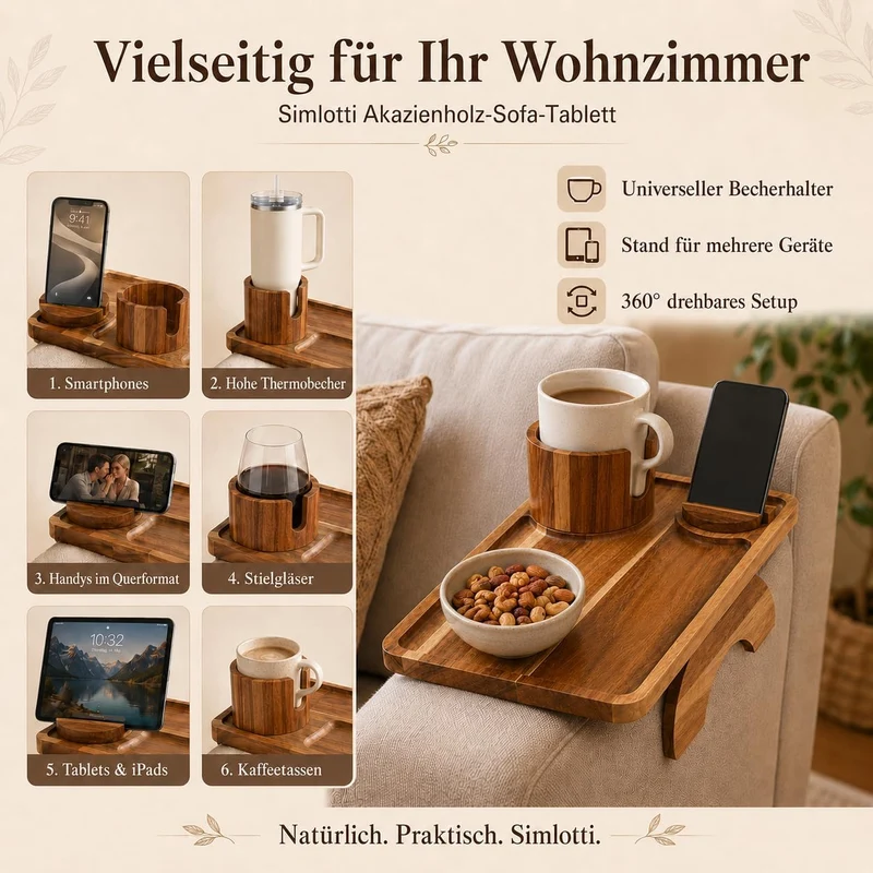Sofa-Armlehnen-Tablett aus Akazienholz, rutschfest, flexibel