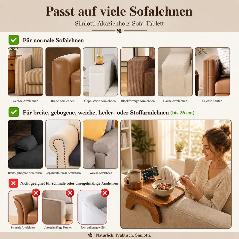 Sofa-Armlehnen-Tablett aus Akazienholz, rutschfest, flexibel