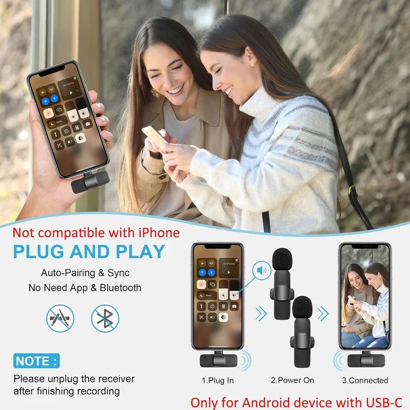 HMKCH Wireless Lavalier Microphone for Phone (USB-C), Dual Video Recording, Live Stream, Vlog, YouTu