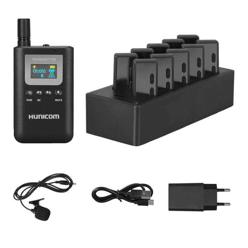 HUNICOM Wireless Tour Guide System Set (1-10), 2.4GHz 999 Channels, 50-300m Range, Noise-Canceling A