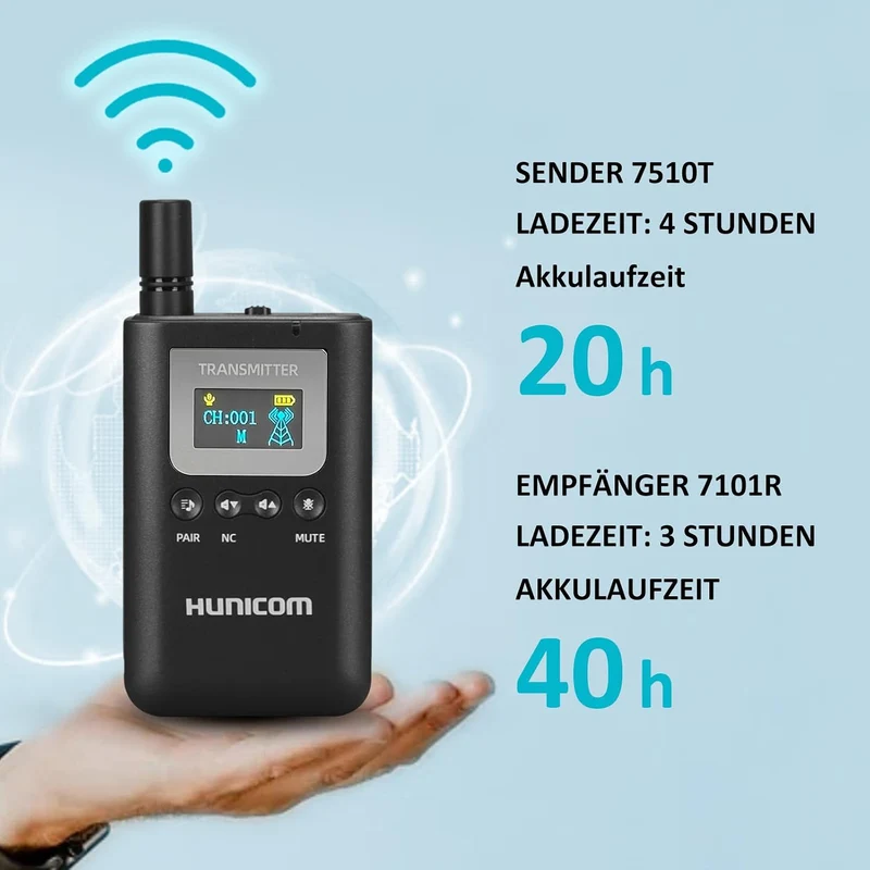 HUNICOM Wireless Tour Guide System Set (1-10), 2.4GHz 999 Channels, 50-300m Range, Noise-Canceling A