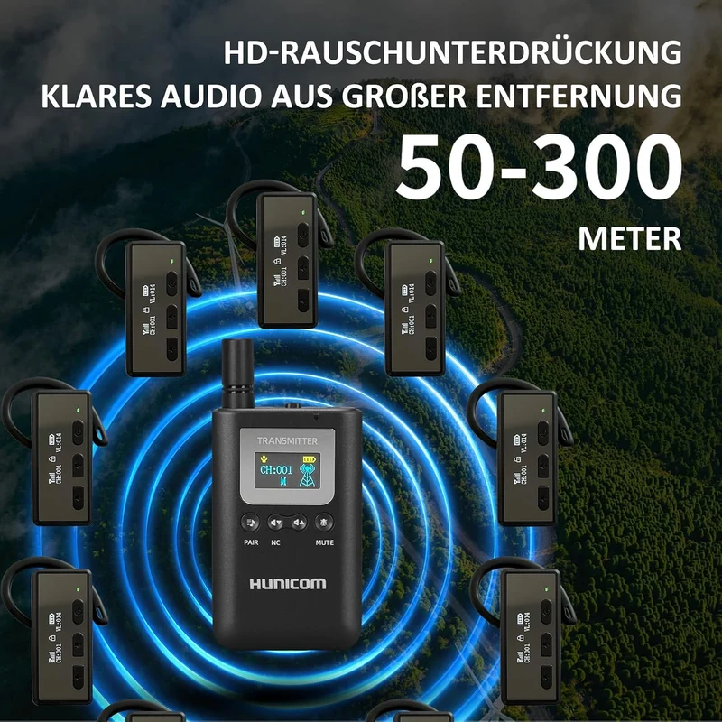 HUNICOM Wireless Tour Guide System Set (1-10), 2.4GHz 999 Channels, 50-300m Range, Noise-Canceling A