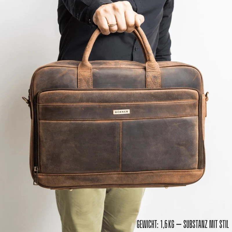 Hörner Umhängetasche München - Herren - Laptop Tasche 16 Zoll - Arbeitstasche Herren Aus Braunem Led