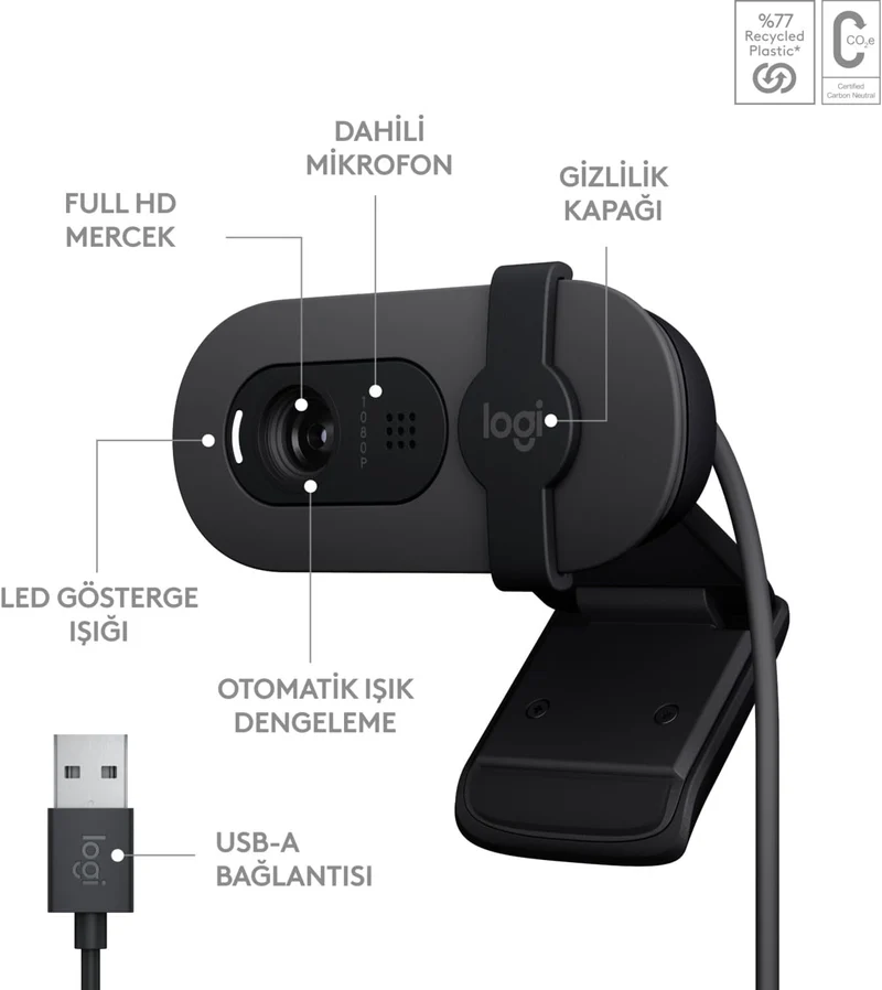 Logitech Brio 100 Full HD 1080p Webcam mit Privacy Cover Mikrofon - Schwarz schwarzes, schwarzes