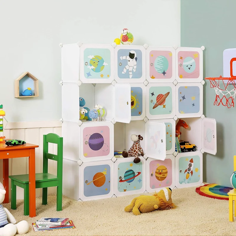 SONGMICS Regalsystem mit 15 Würfeln, Aufbewahrungsschrank für Kinder, Kleiderschrank mit Türen, Schu