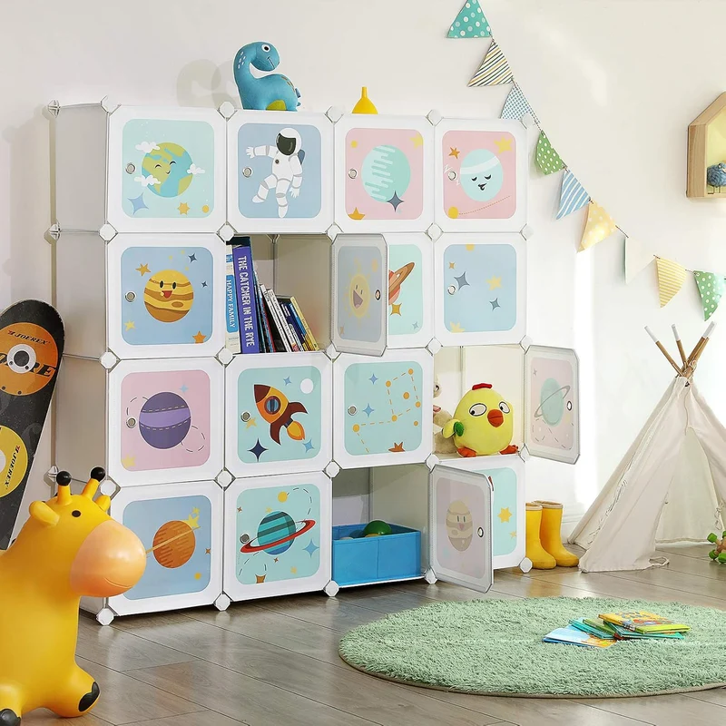 SONGMICS Regalsystem mit 15 Würfeln, Aufbewahrungsschrank für Kinder, Kleiderschrank mit Türen, Schu