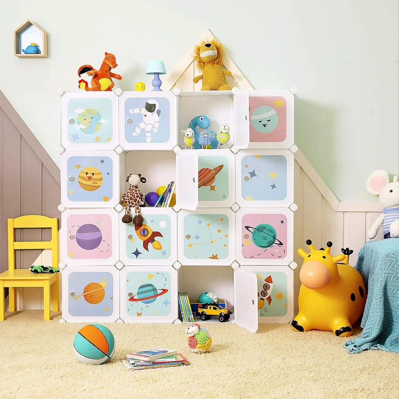 SONGMICS Regalsystem mit 15 Würfeln, Aufbewahrungsschrank für Kinder, Kleiderschrank mit Türen, Schu