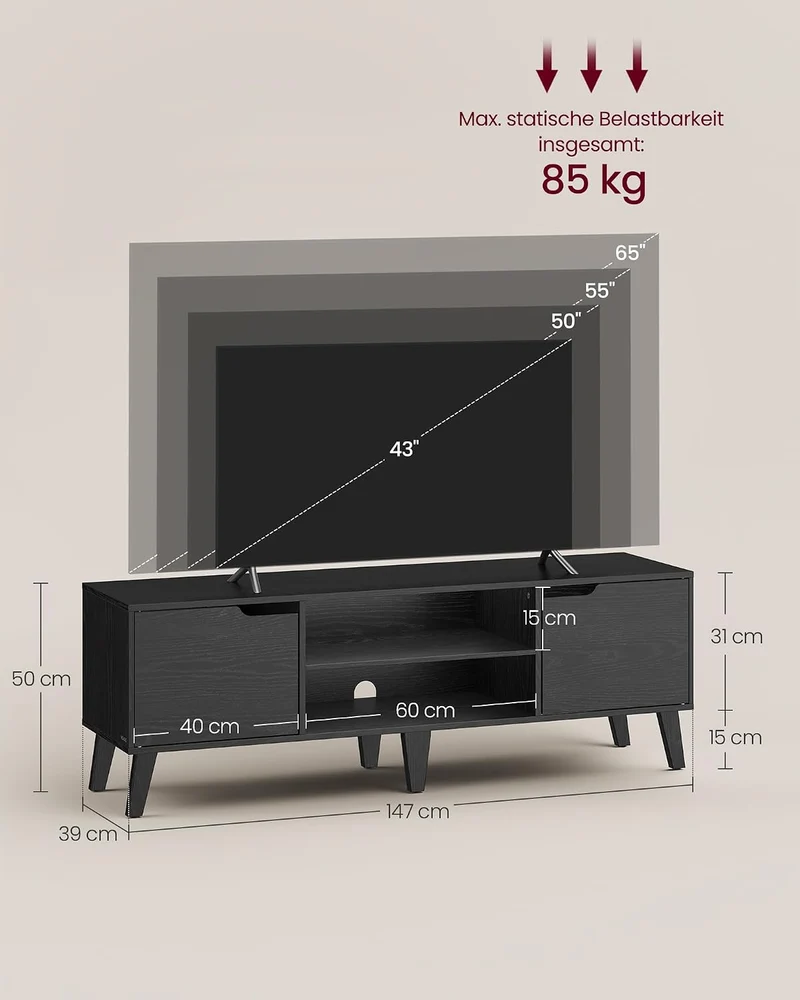 VASAGLE TV-Schrank, Lowboard, Fernsehschrank mit Verstellbarer Ablage, für Fernseher bis zu 65 Zoll,