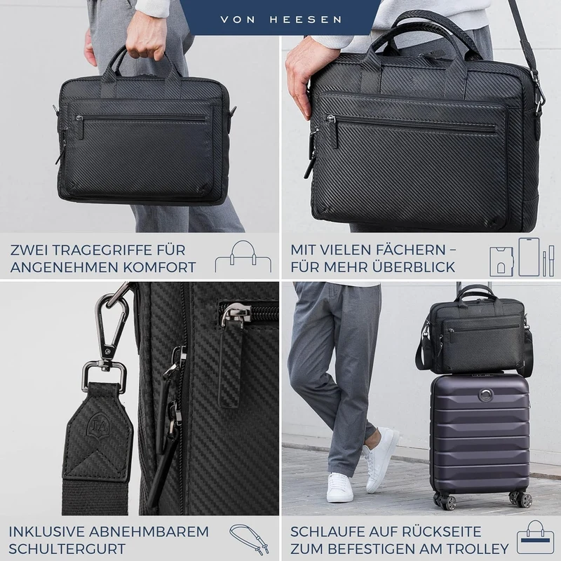 VON HEESEN Umhängetasche & Laptoptasche aus echtem Leder bis 16 Zoll - Aktentasche Herren & Damen -