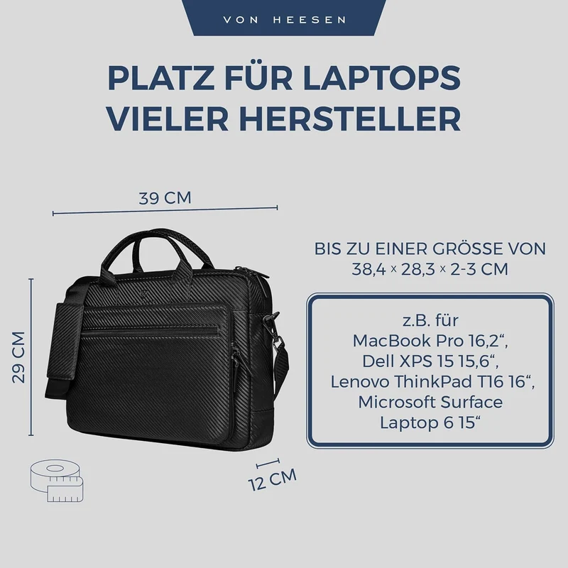 VON HEESEN Umhängetasche & Laptoptasche aus echtem Leder bis 16 Zoll - Aktentasche Herren & Damen -