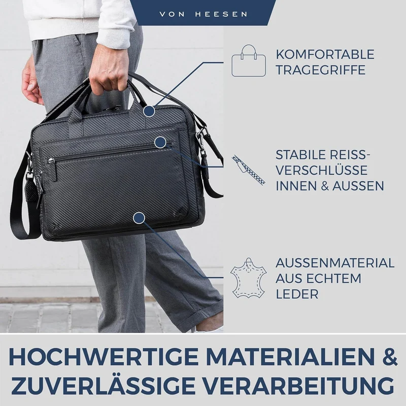 VON HEESEN Umhängetasche & Laptoptasche aus echtem Leder bis 16 Zoll - Aktentasche Herren & Damen -