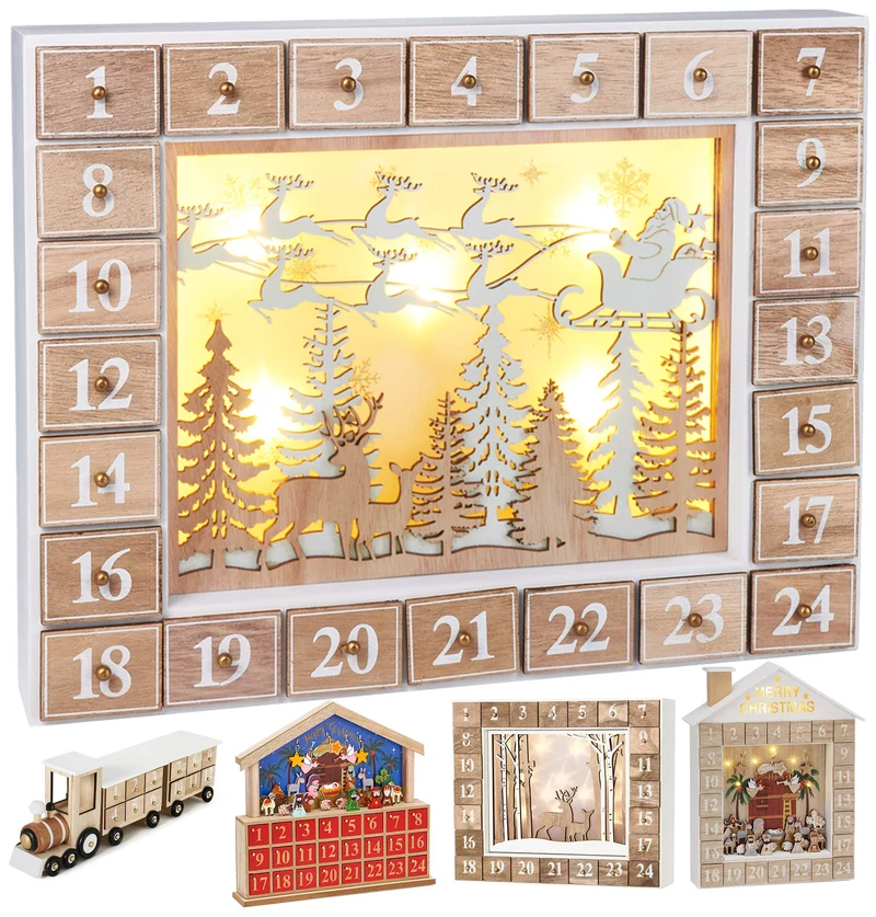 BRUBAKER Adventskalender aus Holz zum Befüllen - Fliegender Weihnachtsmann mit LED-Beleuchtung - Wie