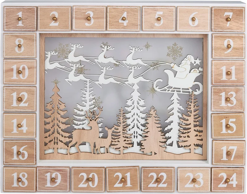 BRUBAKER Adventskalender aus Holz zum Befüllen - Fliegender Weihnachtsmann mit LED-Beleuchtung - Wie